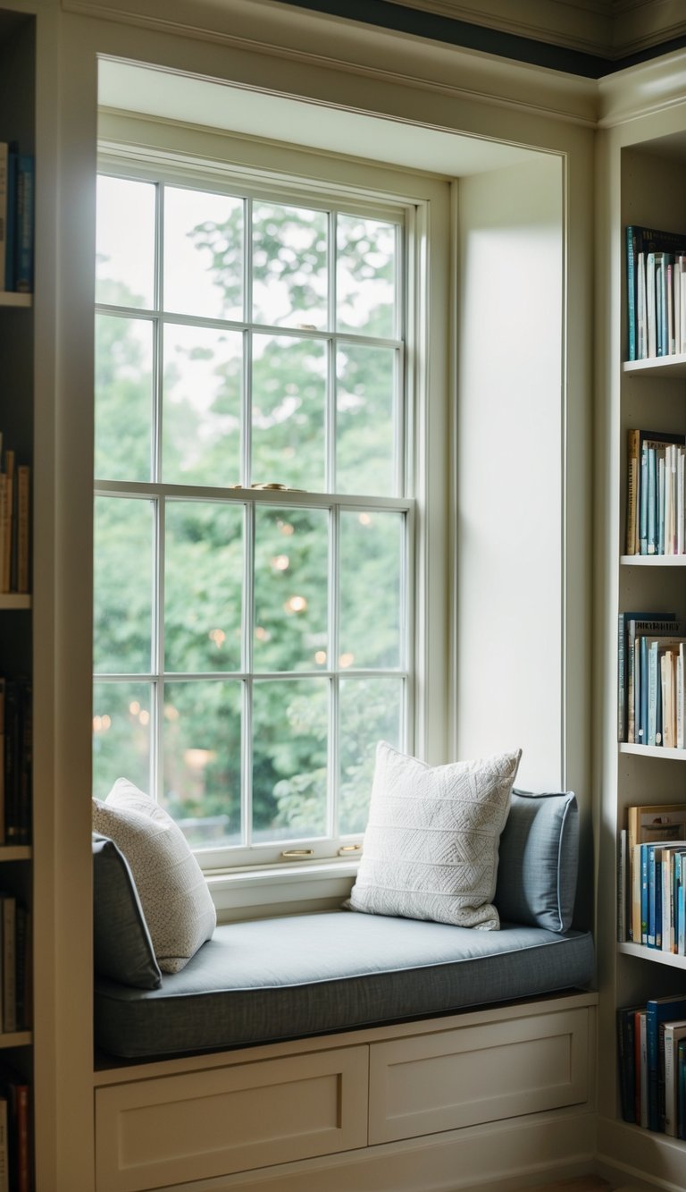 A cozy reading nook by a window in a home library, with a comfortable seat, bookshelves, and soft lighting