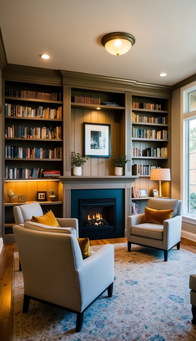 A cozy home library with wall-mounted bookshelves, comfy seating, warm lighting, and a fireplace