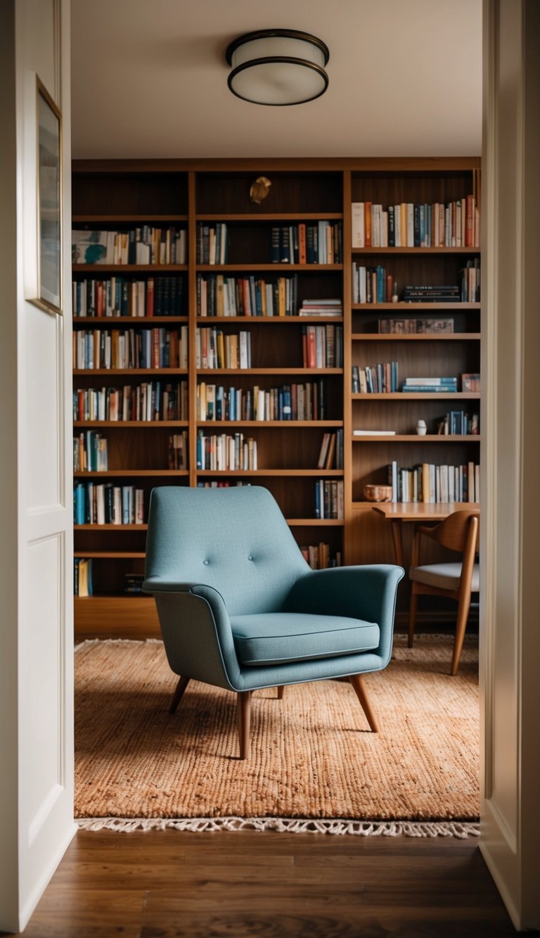 A cozy home library with a mid-century modern chair, surrounded by bookshelves, a warm rug, and soft lighting