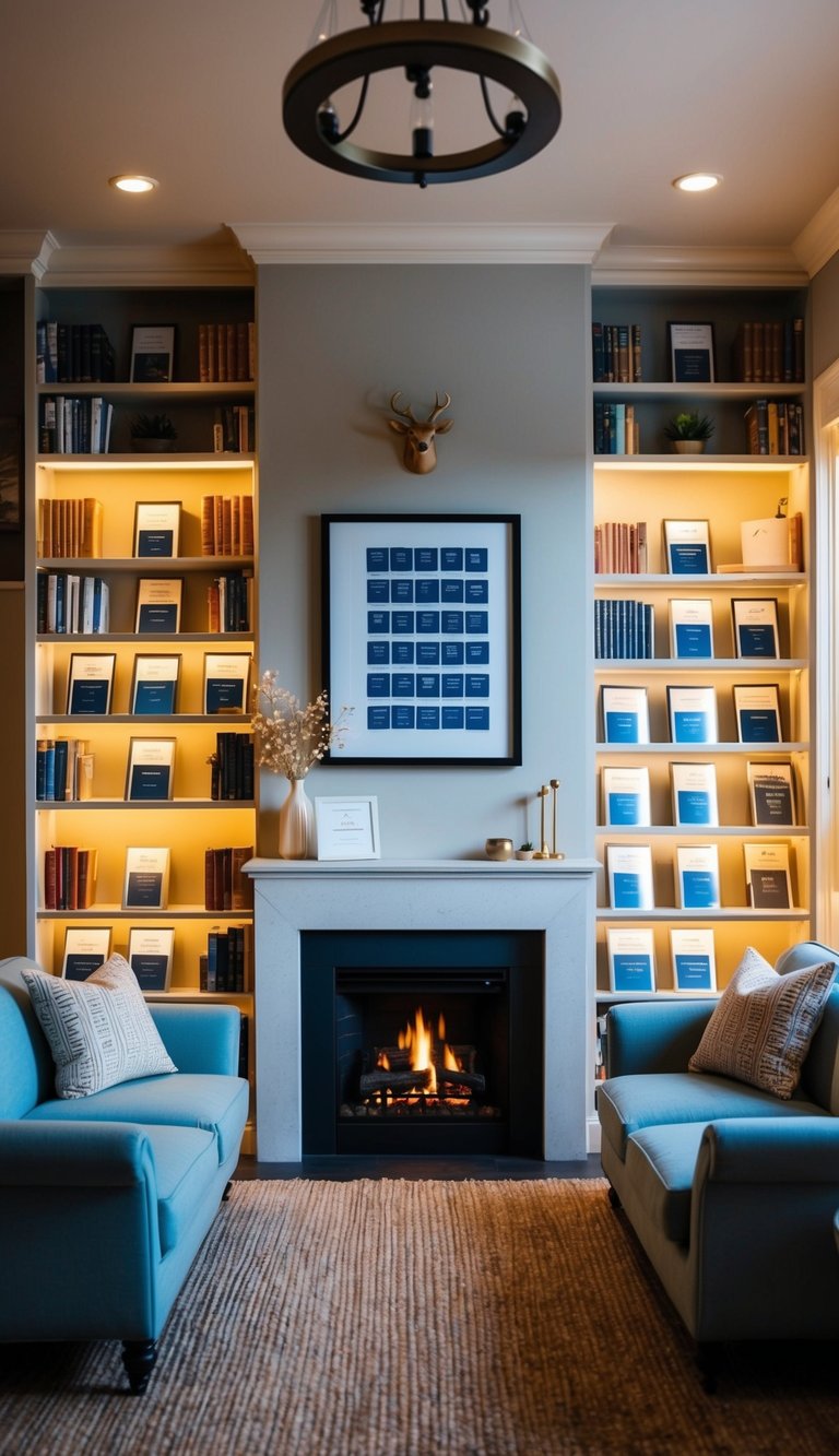 A cozy home library with personalized bookplates on shelves, comfy seating, warm lighting, and a fireplace