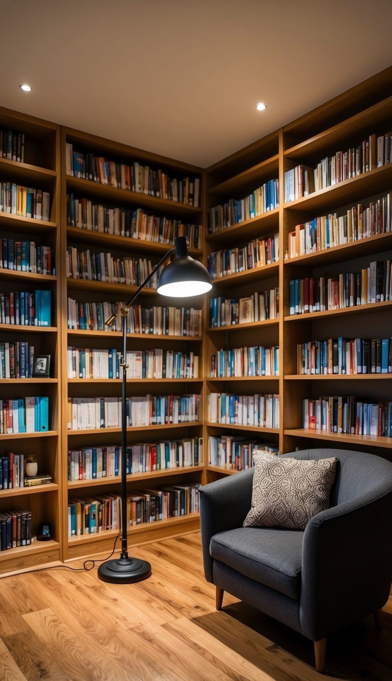 A cozy home library with an adjustable floor lamp illuminating a comfortable reading nook