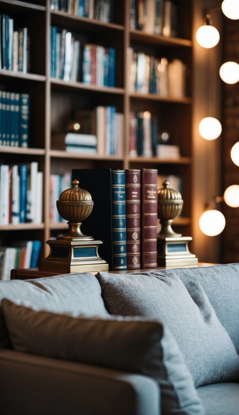 A cozy home library with vintage bookends, soft lighting, and comfortable seating