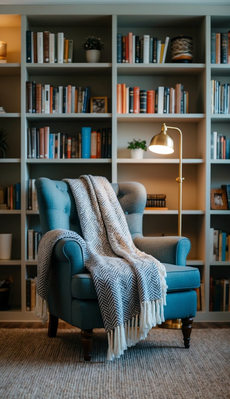 A cozy home library with a handwoven throw blanket draped over a comfortable armchair, surrounded by shelves filled with books and soft lighting