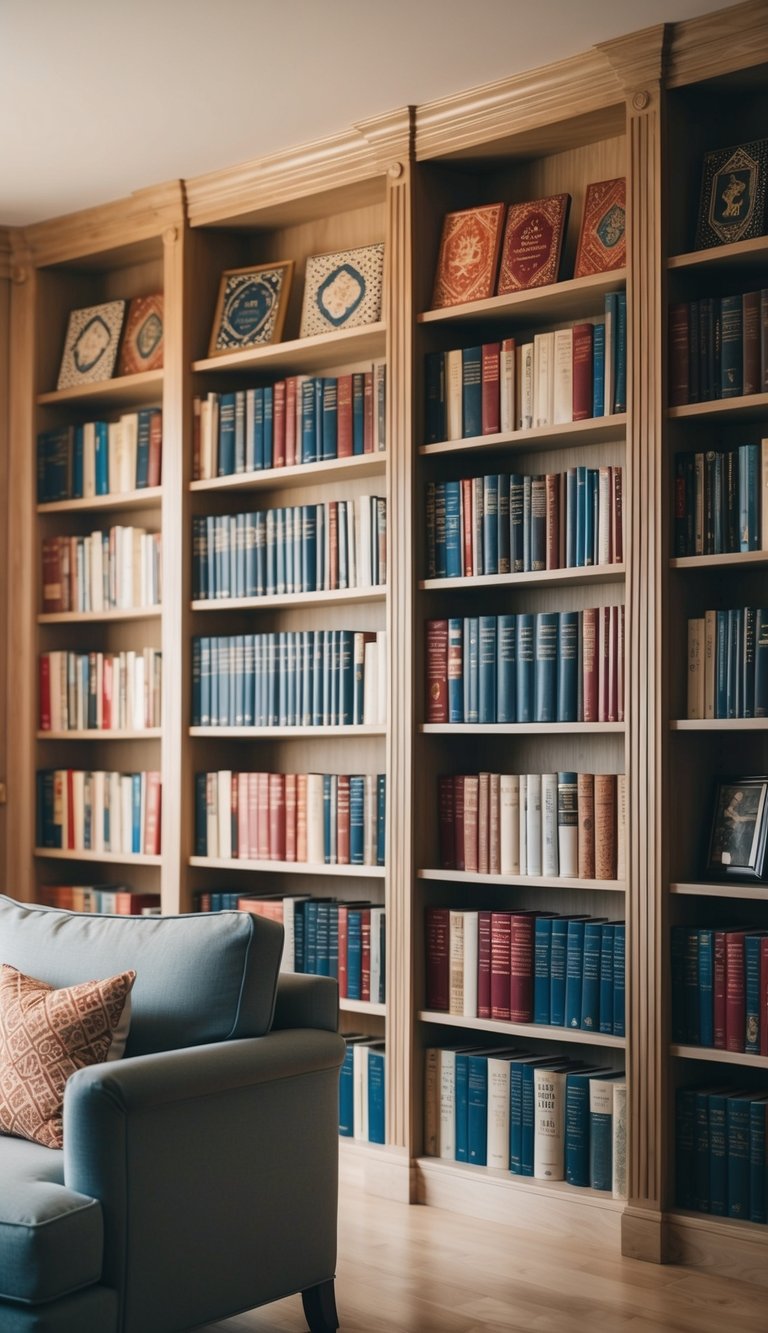 A cozy home library with shelves of decorative book covers, soft lighting, and comfortable seating