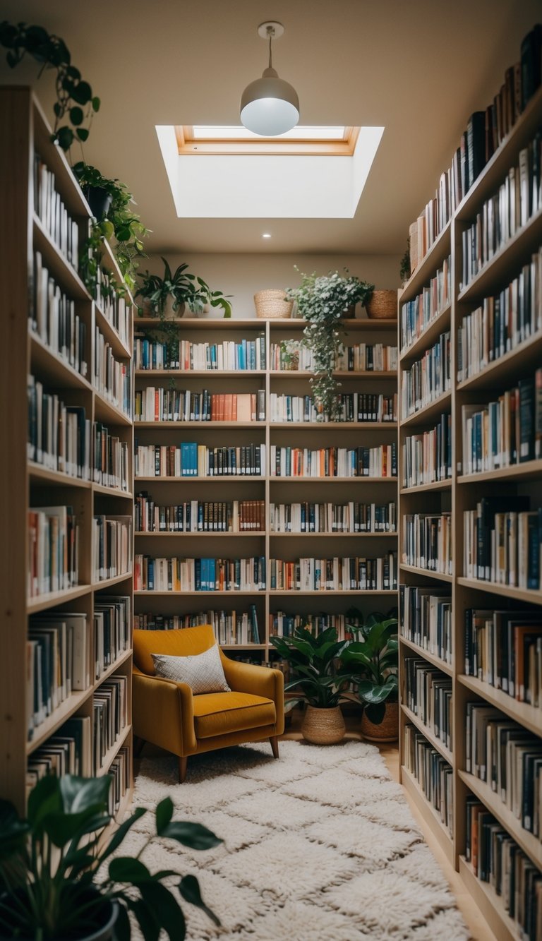 A cozy home library with shelves of books, comfortable seating, and various houseplants scattered throughout the room