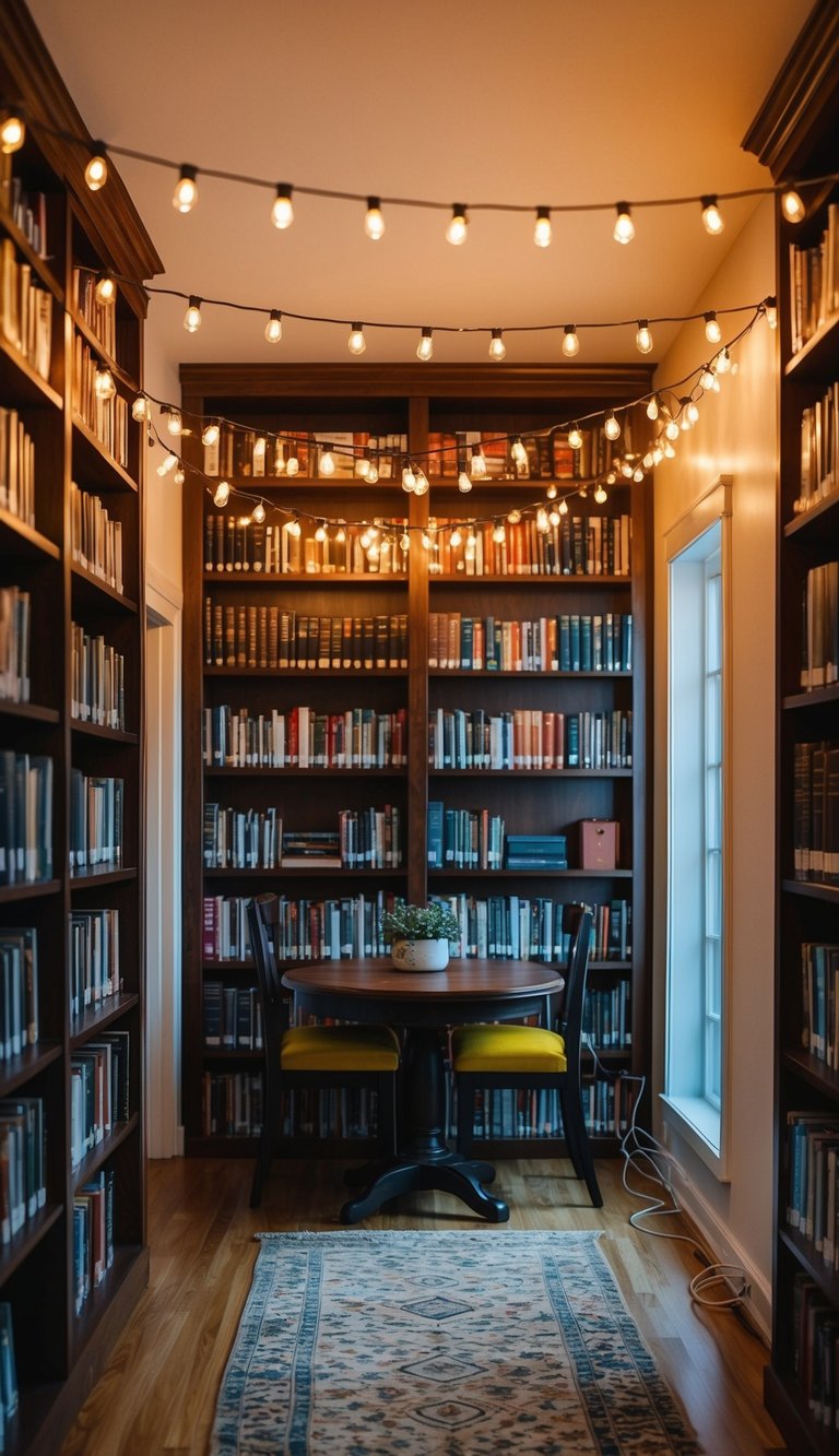 A cozy home library illuminated by ambient string lights