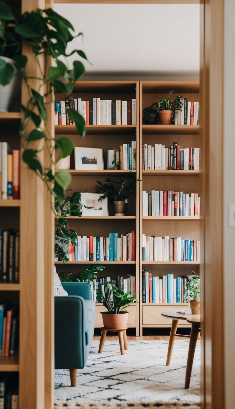 A cozy home library with a Scandinavian-style bookshelf, filled with books, plants, and cozy seating area