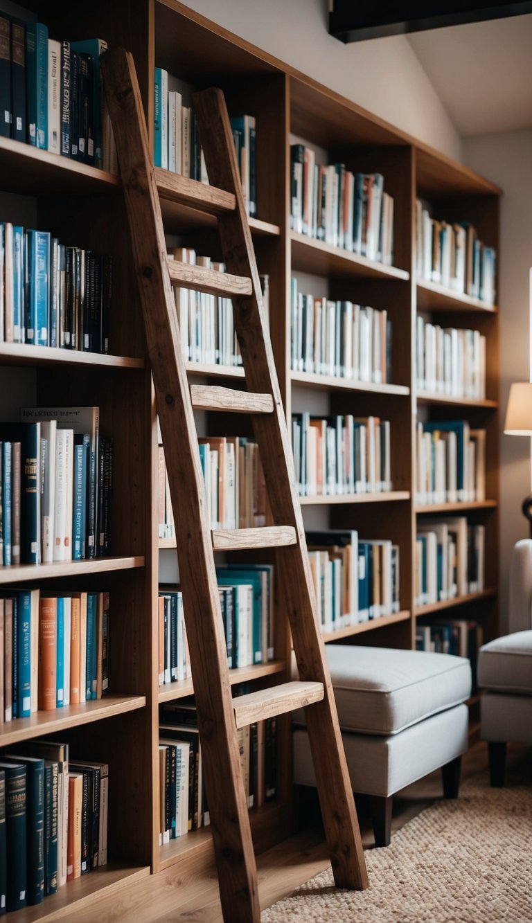 A rustic wooden ladder leans against a bookshelf in a cozy home library, surrounded by shelves of books and comfortable seating