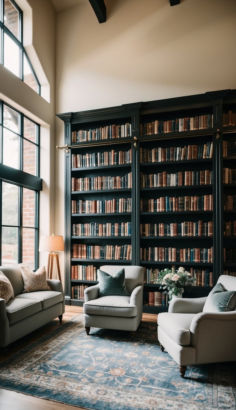 A cozy home library with a large artistic bookcase, soft lighting, and comfortable seating