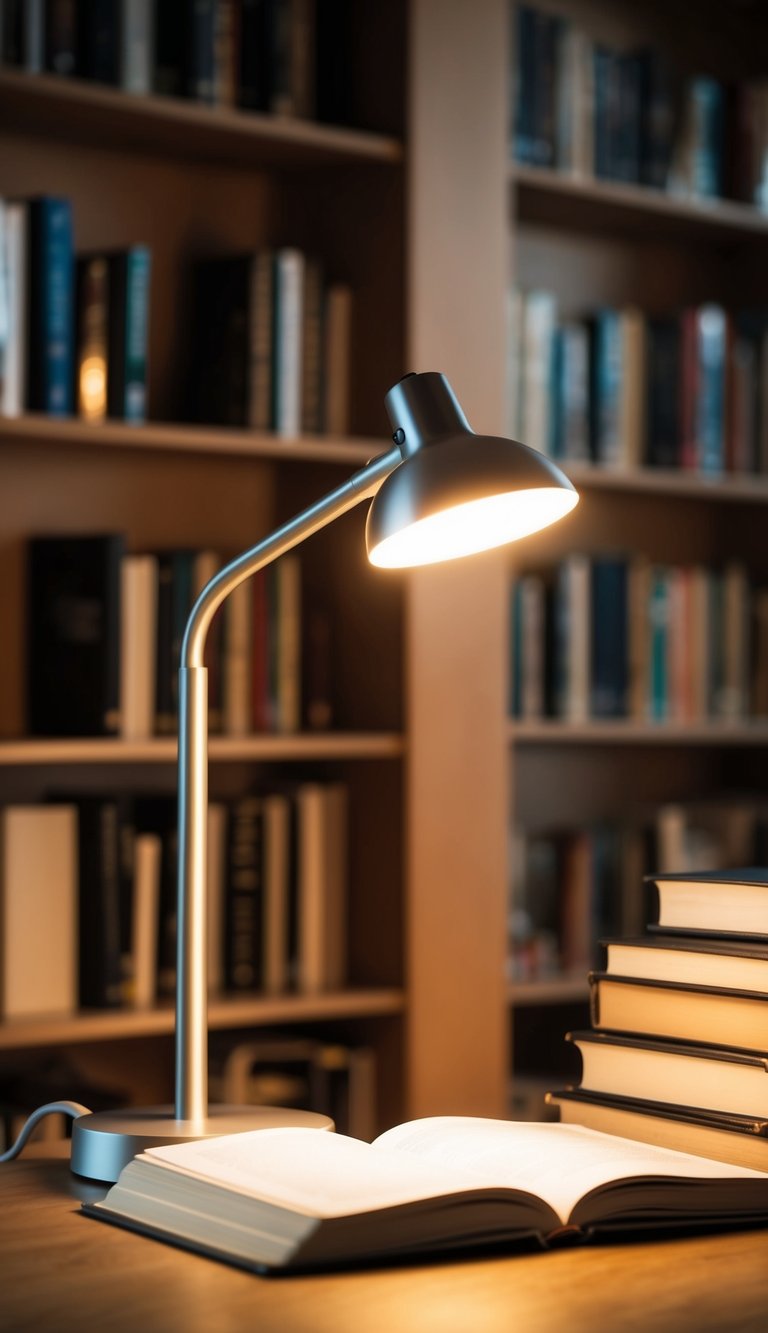 A sleek, modern desk lamp illuminates a cozy home library with warm light, casting a soft glow over the neatly arranged books and comfortable reading nook