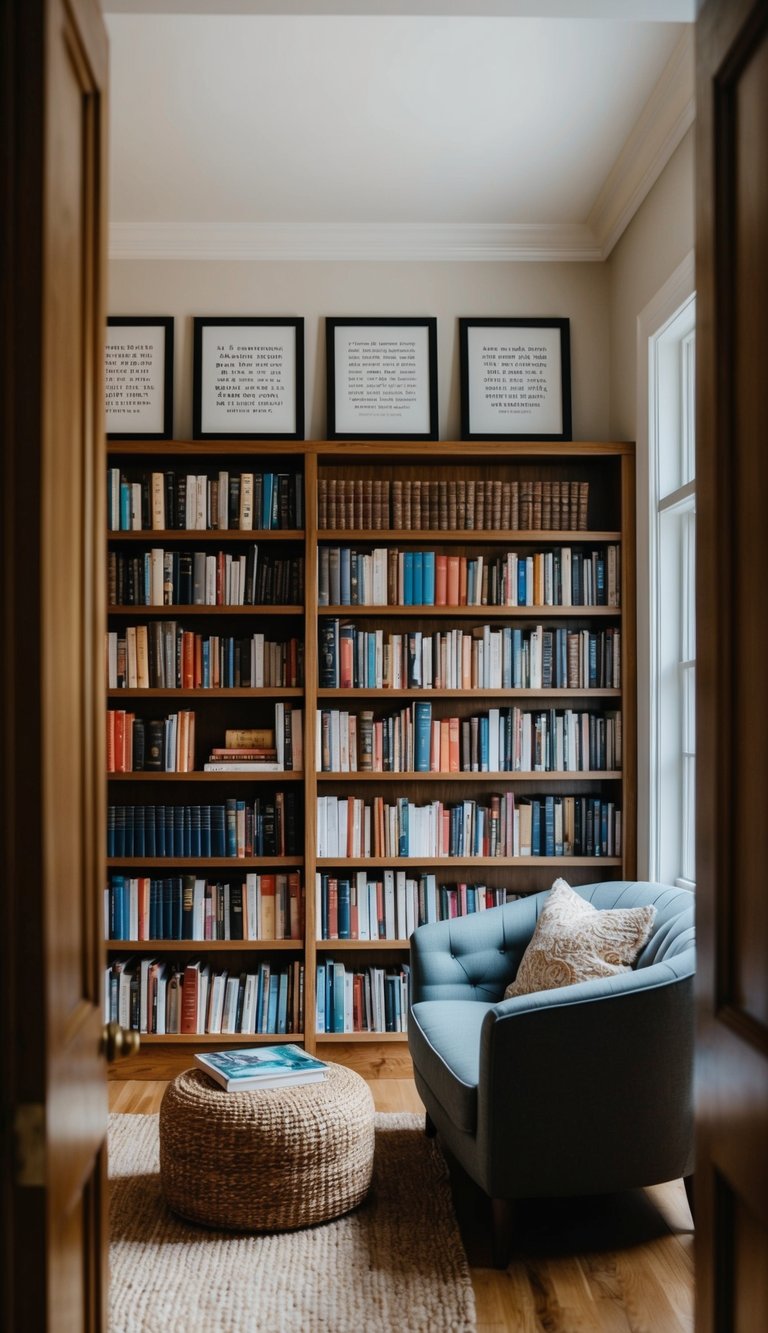 A cozy home library with shelves filled with books, a comfortable reading nook, and framed literary quotes adorning the walls