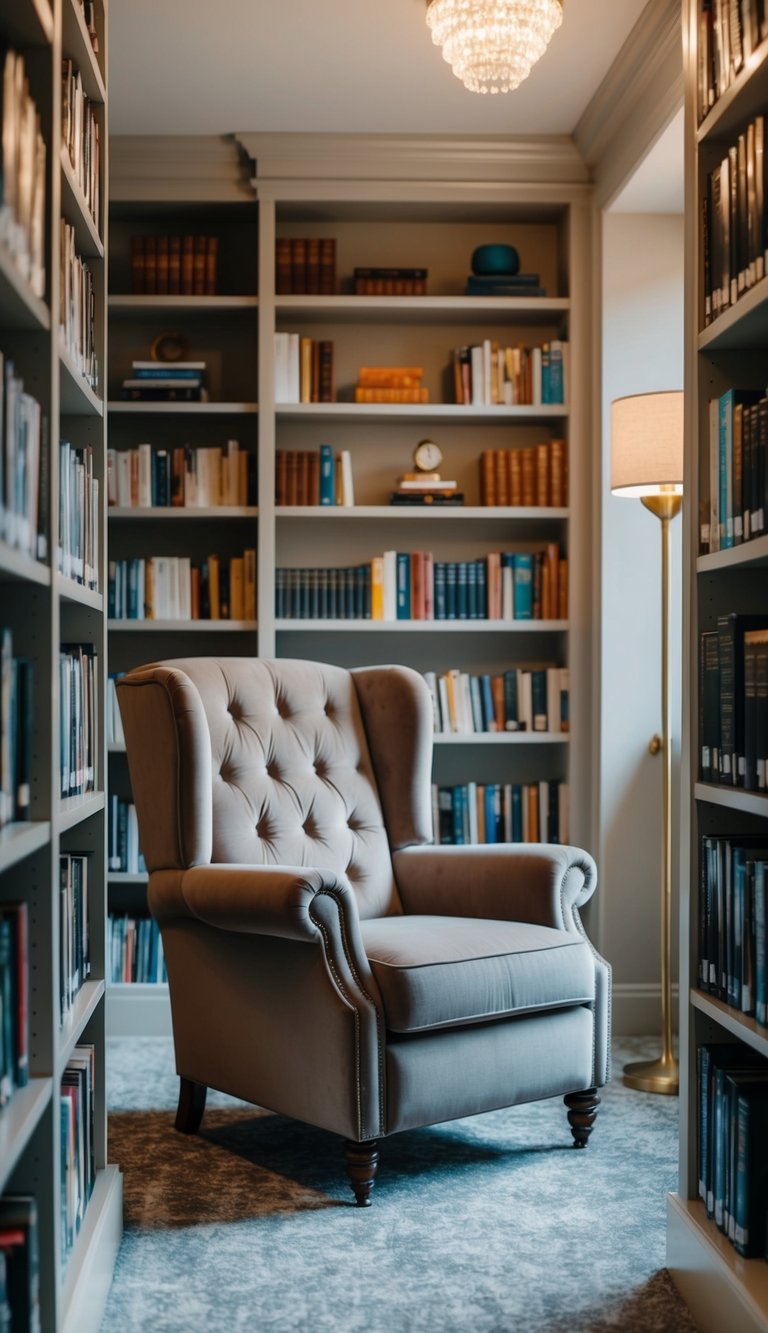 A plush reading chair sits in a cozy home library, surrounded by bookshelves and soft lighting