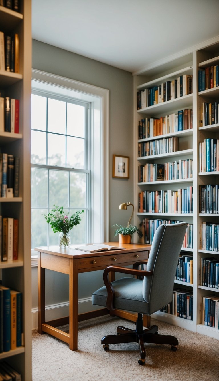 A cozy home library with a compact writing desk, surrounded by bookshelves filled with books and a comfortable reading chair