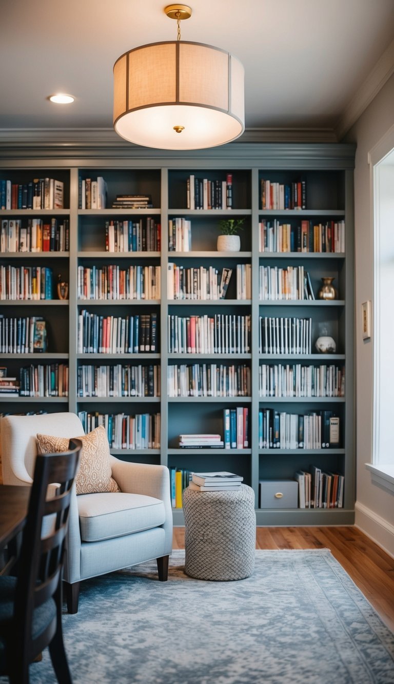 A cozy home library with a chic magazine rack, soft lighting, and comfortable seating