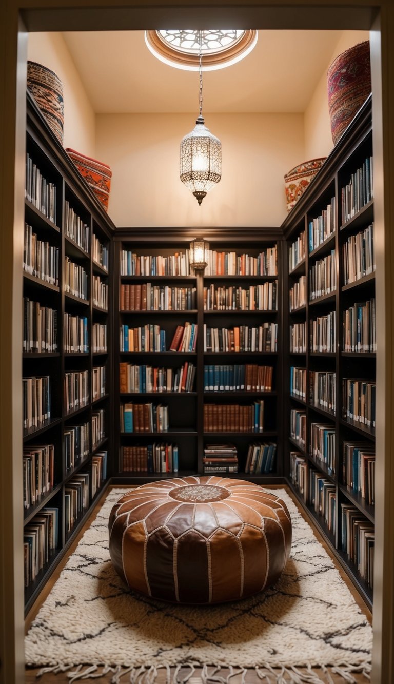 A cozy home library with a Moroccan pouf, surrounded by bookshelves and soft lighting, creating a warm and inviting reading nook