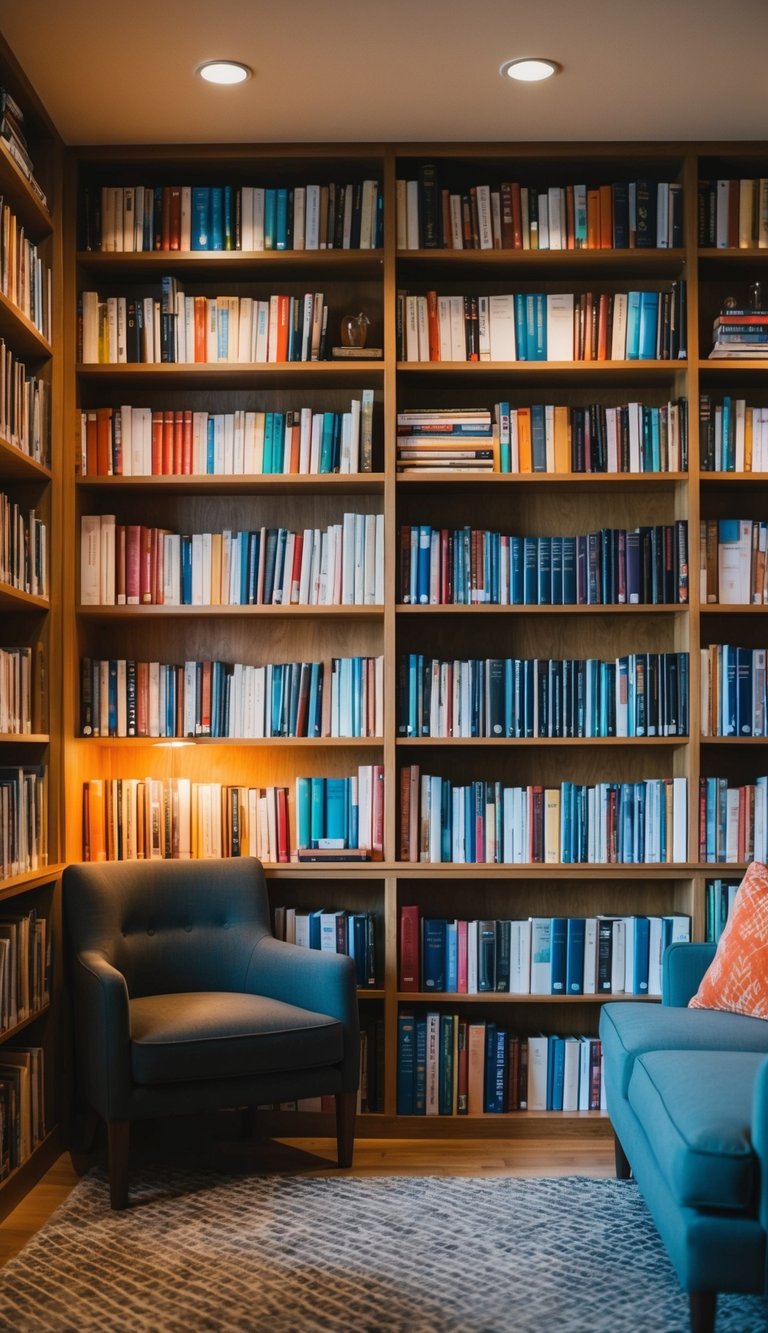 A cozy home library with shelves of color-coded books arranged in a pleasing and organized manner. Warm lighting and comfortable seating add to the inviting atmosphere