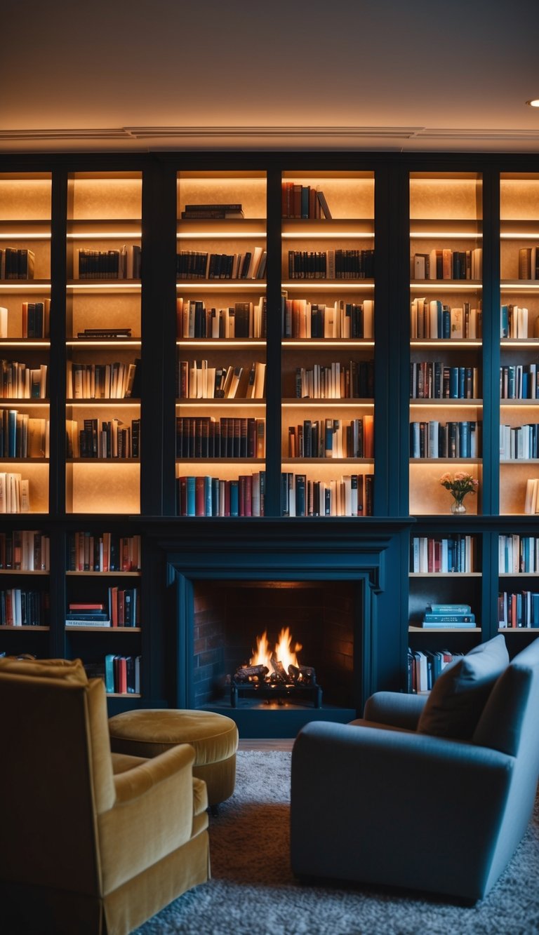 A cozy home library with layered lighting, casting warm glows on shelves of books, plush seating, and a crackling fireplace