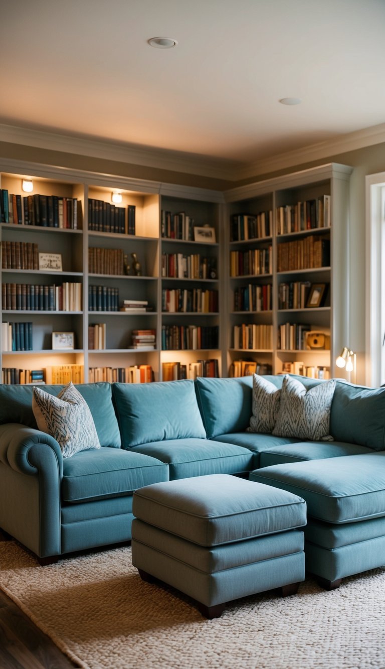 An overstuffed sectional sofa sits in the center of a cozy home library, surrounded by bookshelves and soft lighting