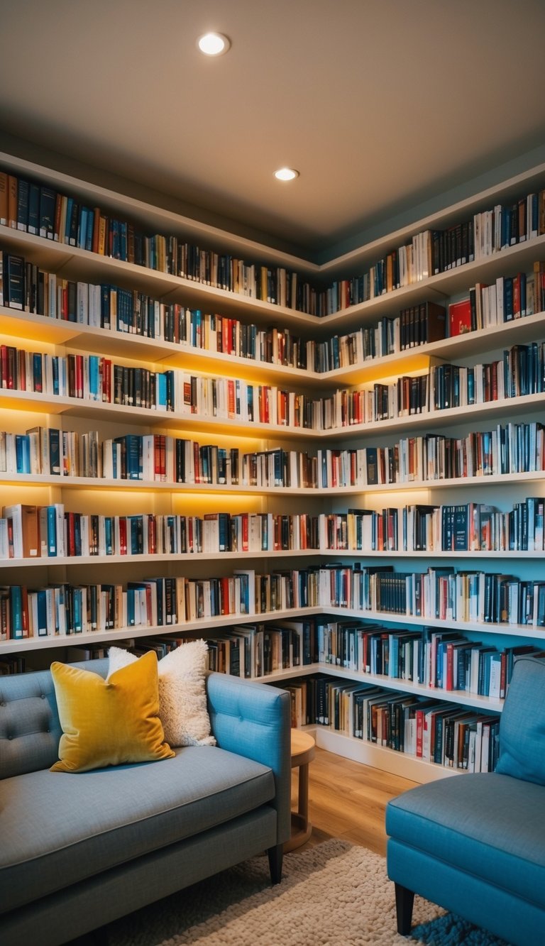 A cozy home library with floating shelves filled with books, soft lighting, and comfortable seating