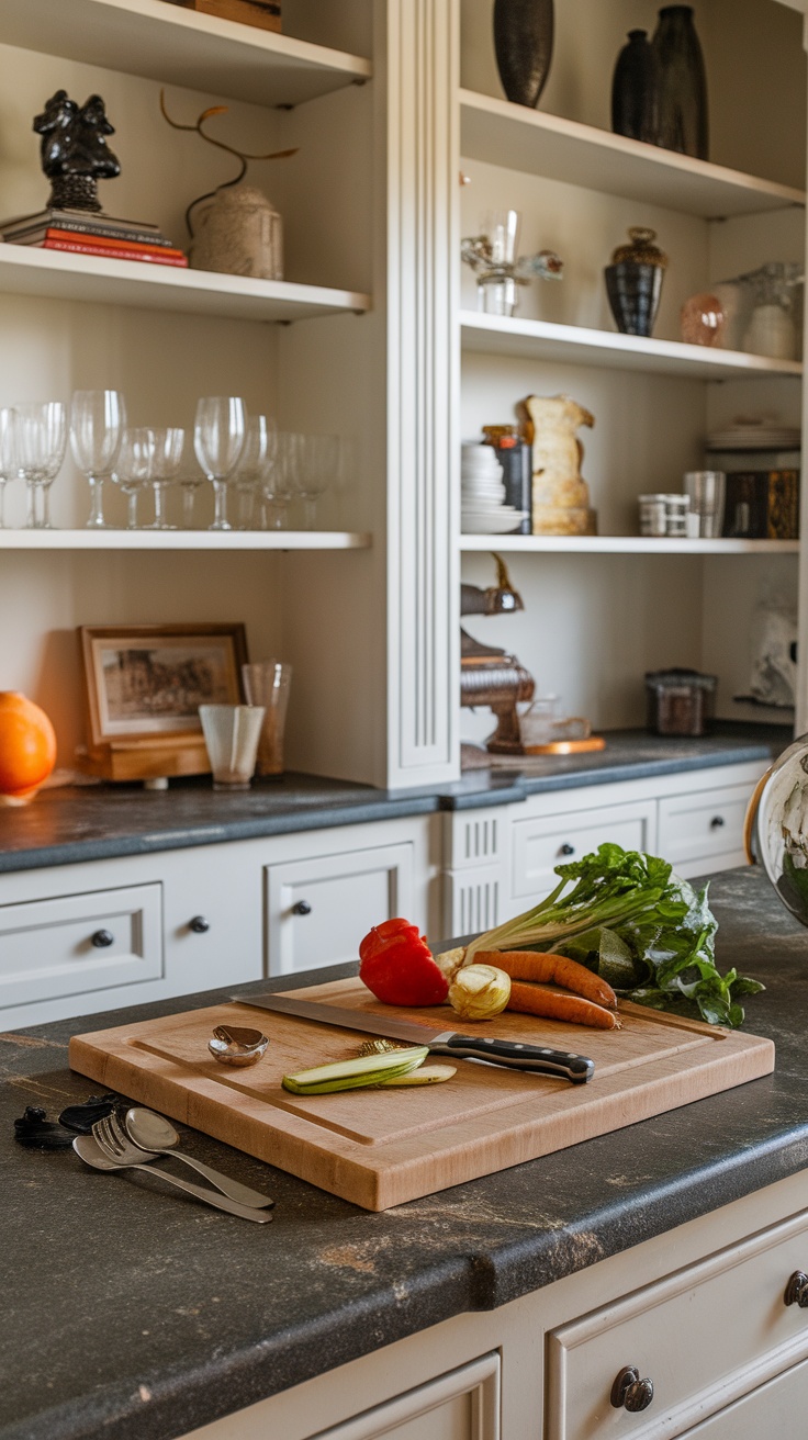 A modern butler pantry featuring a prep area with utensils hanging above, an organized pantry, and a clean countertop.