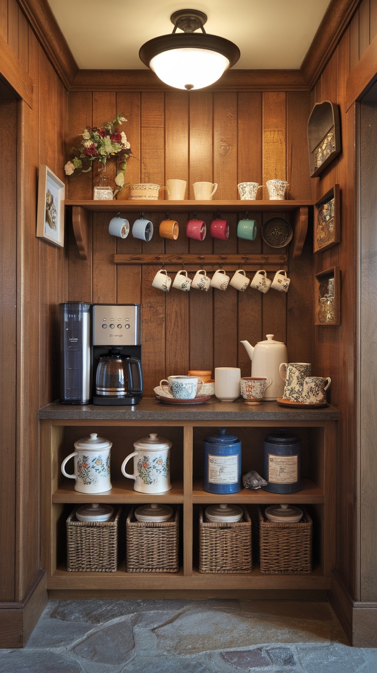 A cozy butler's pantry corner showcasing a coffee and tea station with mugs, a coffee maker, and decorative storage.