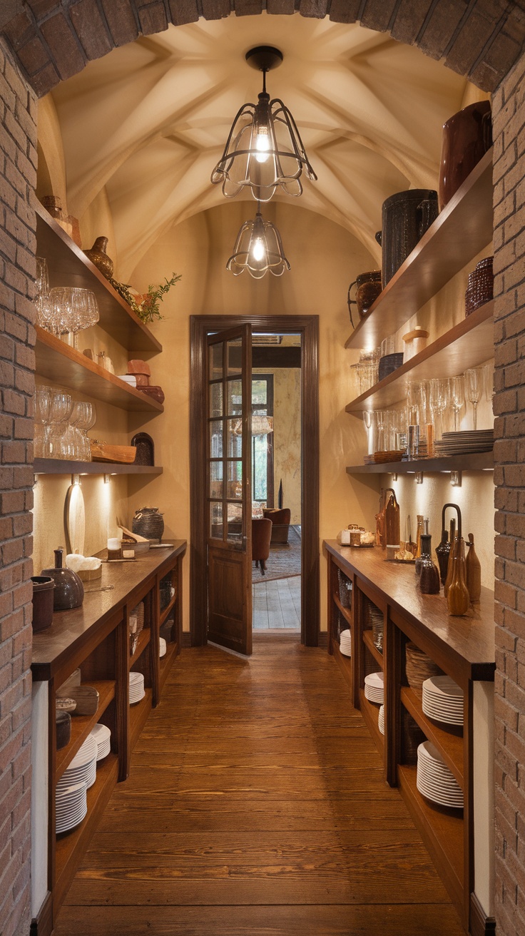 A beautifully designed butler's pantry with pendant lighting and open shelving.