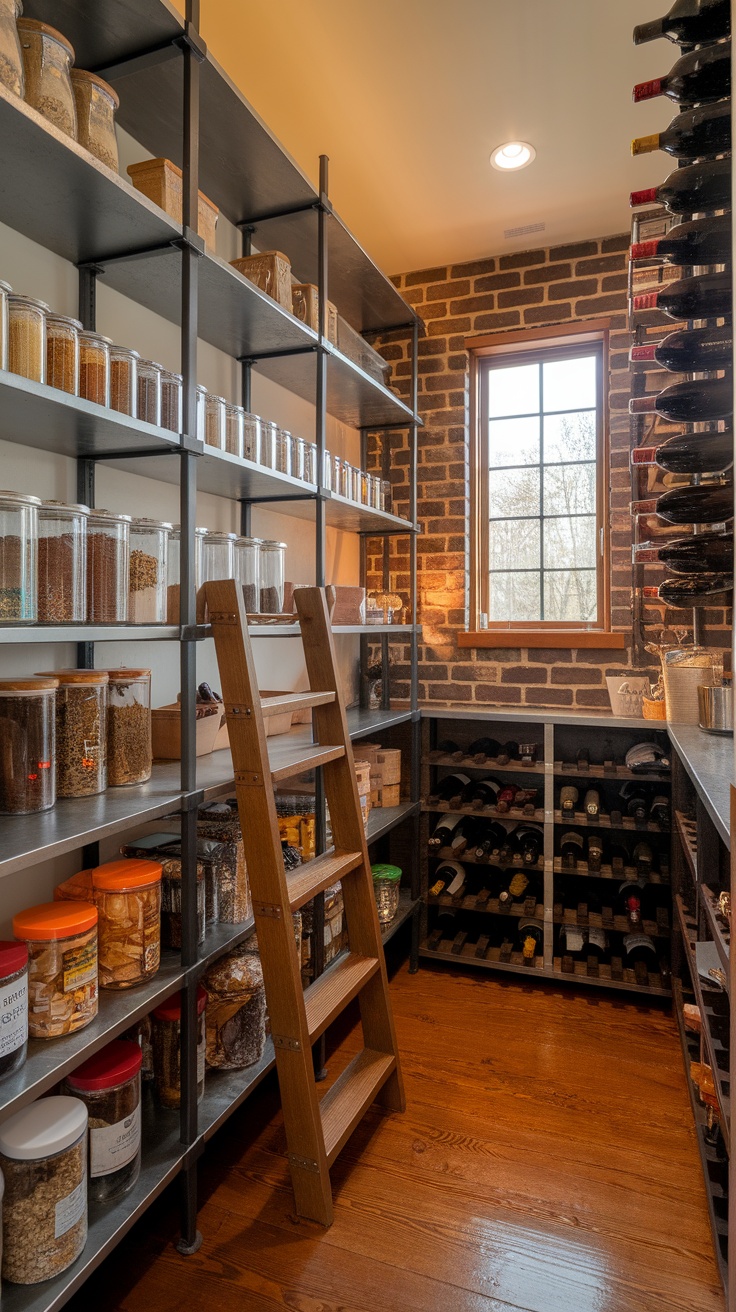 Butler's pantry with tall shelves filled with jars and wine bottles, featuring a wooden ladder for accessing the upper shelves.