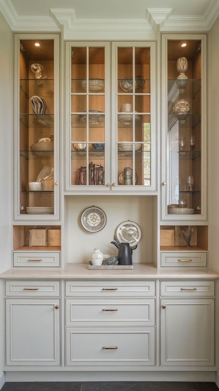 Stylish cabinetry in a modern butler pantry with glass doors, displaying decorative dishes and ample storage.