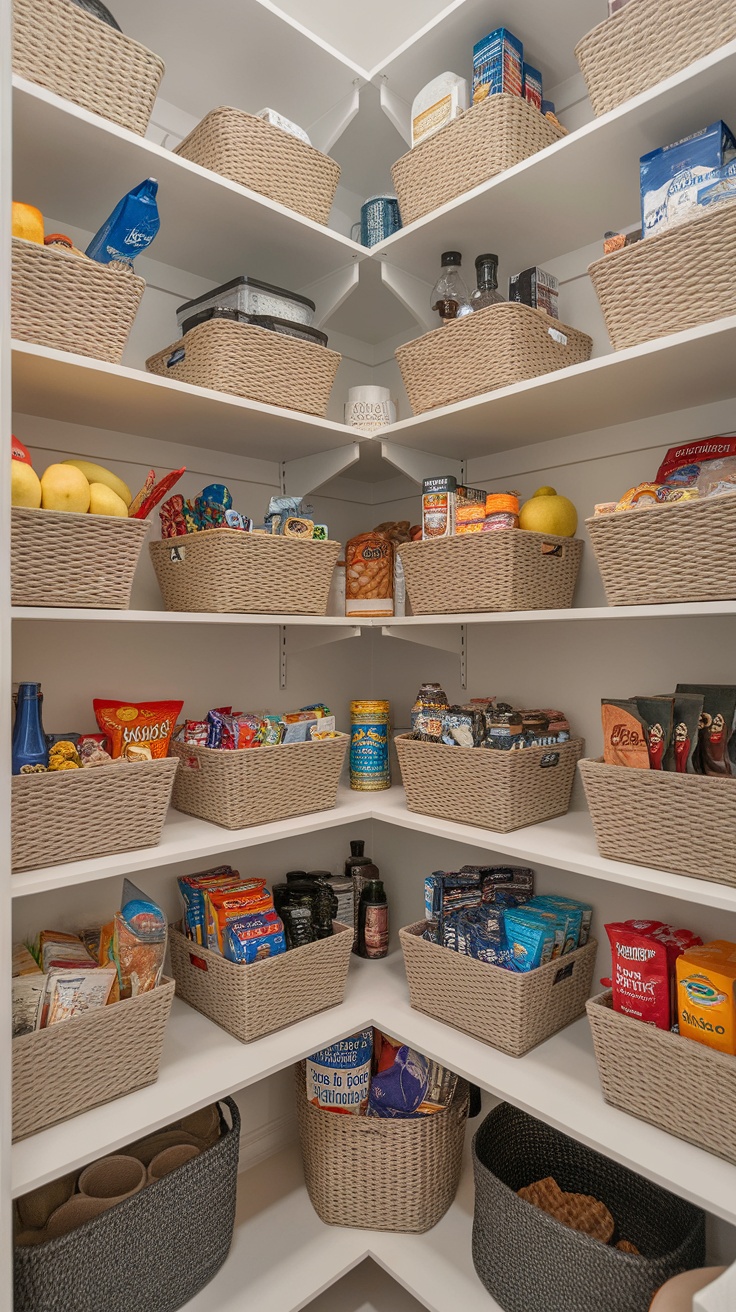 A well-organized butler's pantry with baskets on shelves for organized storage.