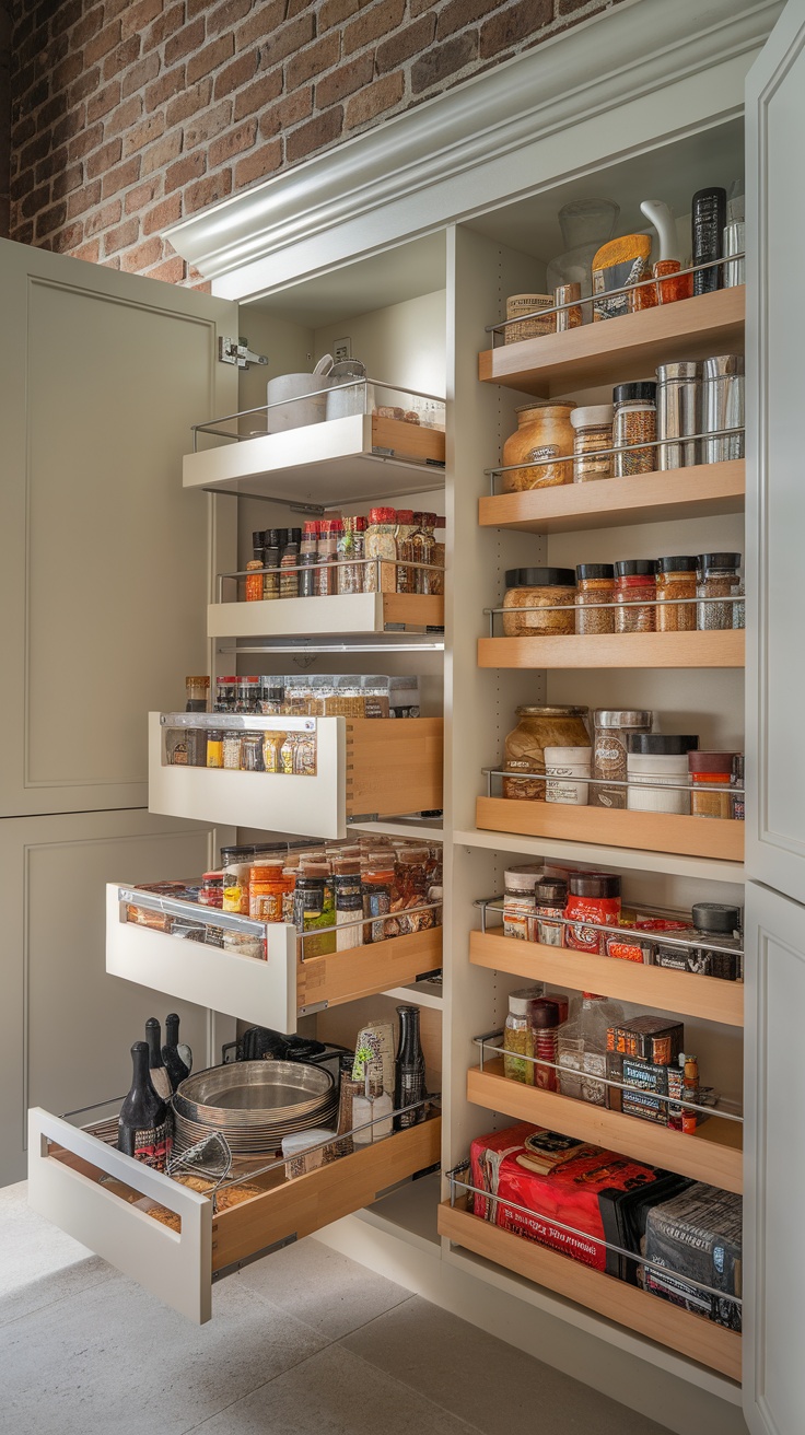 Butler pantry with pull-out drawers containing various jars and containers.