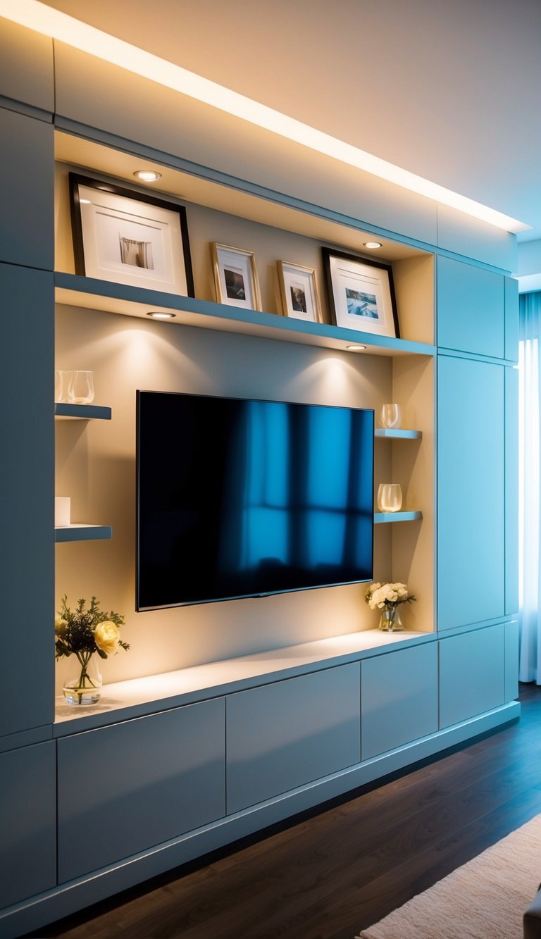 A sleek TV wall with hidden shelves and compartments, adorned with elegant frames and minimalist decor, illuminated by soft ambient lighting