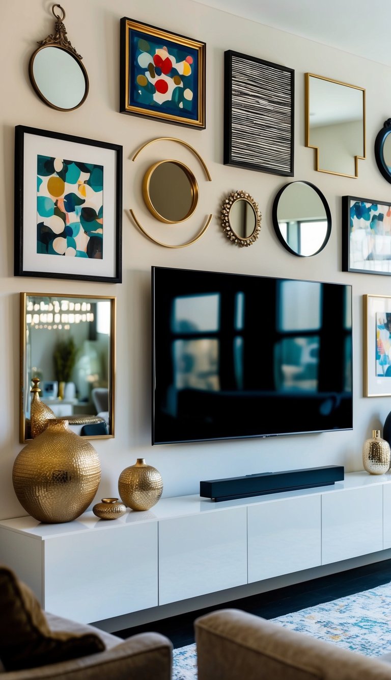 A sleek TV wall adorned with an eclectic mix of artwork, mirrors, and decorative objects in varying sizes and shapes