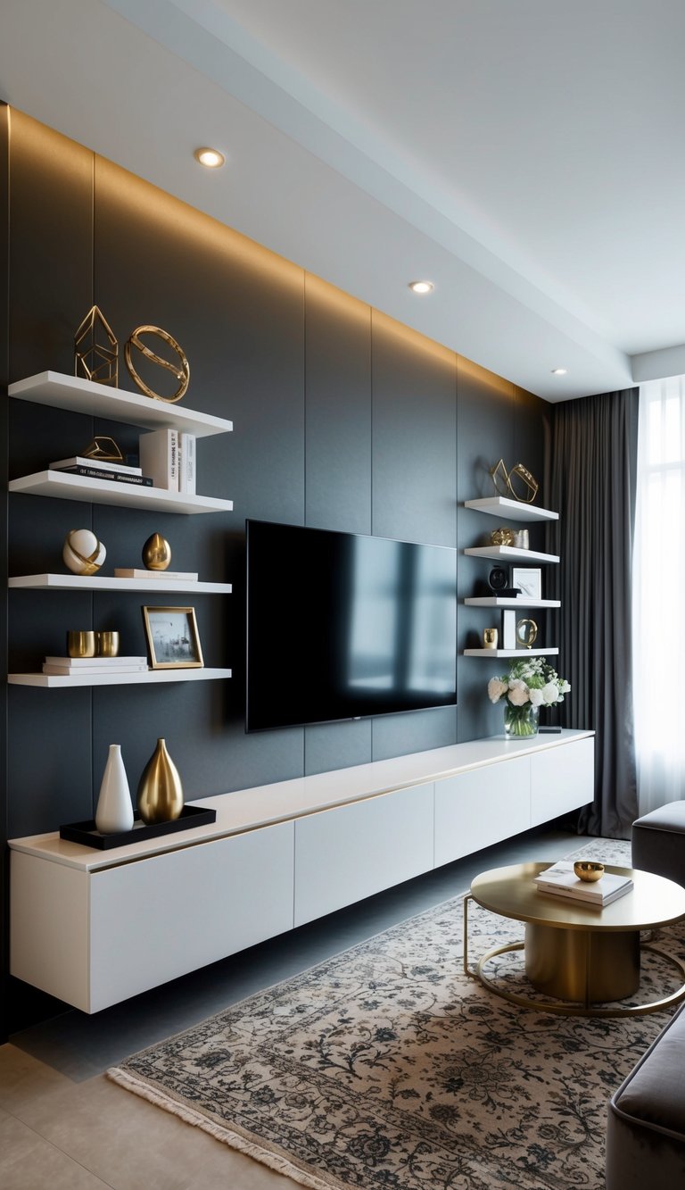 A sleek, modern TV wall with floating shelves adorned with stylish accessories, creating a chic and elevated look