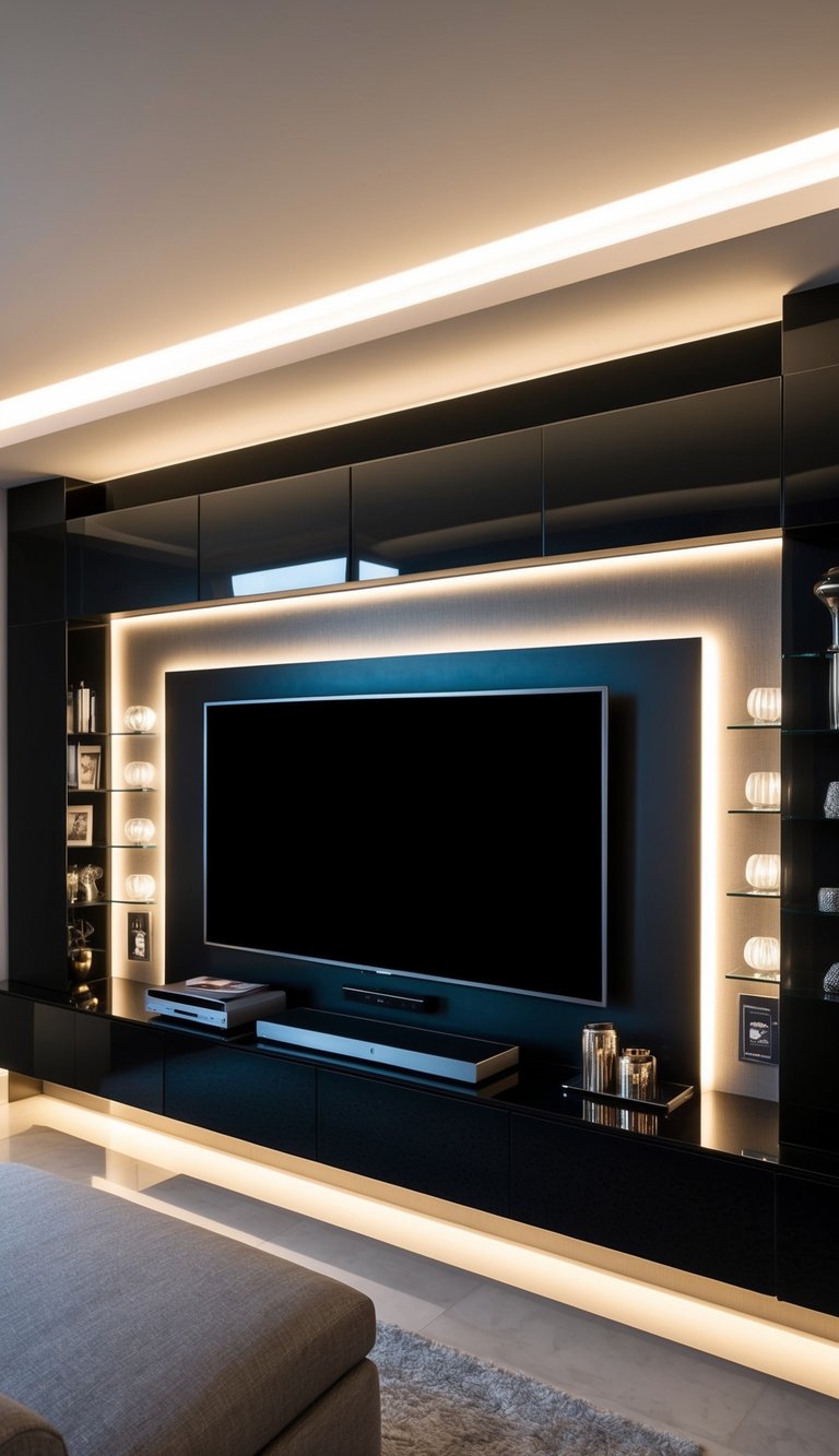 A modern TV wall with sleek, statement lighting fixtures. Hidden accessories add depth and sophistication to the overall design