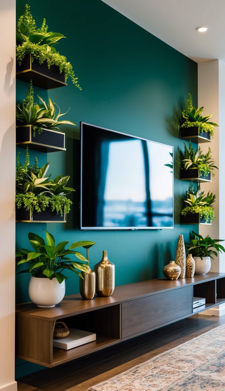 A TV wall adorned with lush green plants and elegant decorative accessories