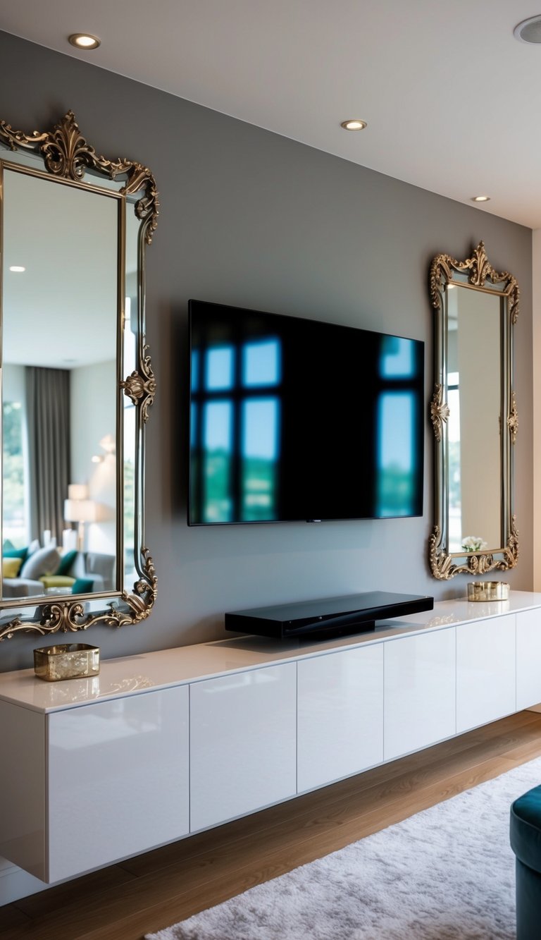A sleek, modern TV wall with two ornate mirrors flanking the screen, reflecting the room's decor and adding a touch of elegance
