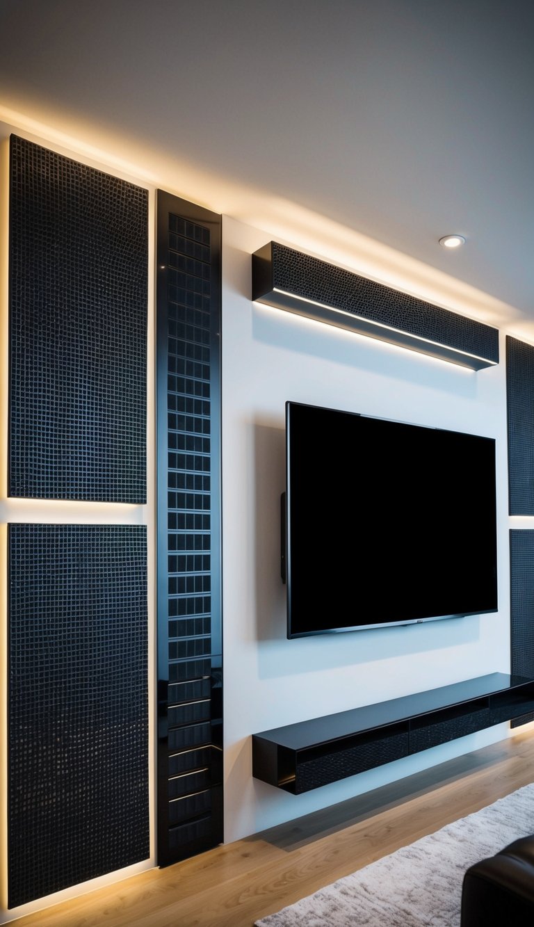 A sleek TV wall with decorative sound panels seamlessly integrated, adding both style and function to the space