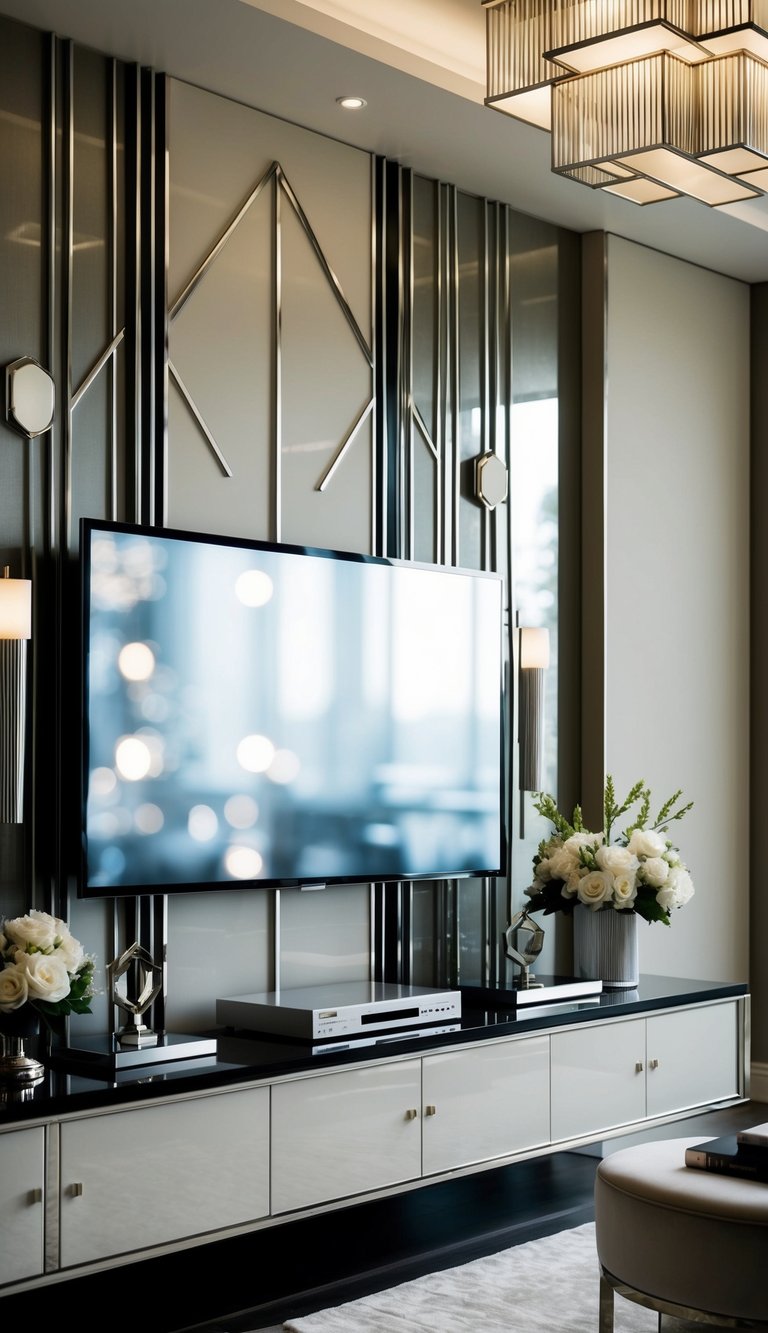 A sleek, geometric TV wall adorned with elegant, Art Deco-inspired accessories, exuding sophistication and luxury