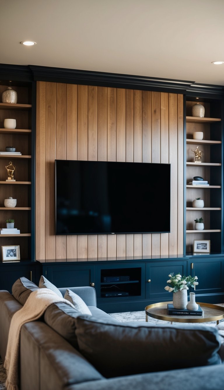 A cozy living room with a large TV mounted on a wood-paneled wall, adorned with hidden shelves and elegant décor