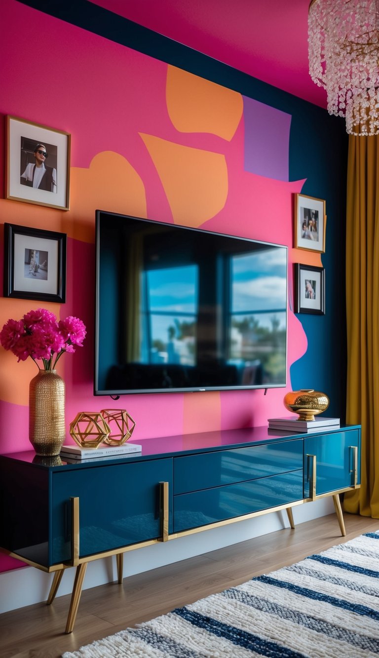 Vibrant paints and bold colors adorn the TV wall, accented with stylish and eye-catching accessories that add a touch of sophistication and elevate the overall look
