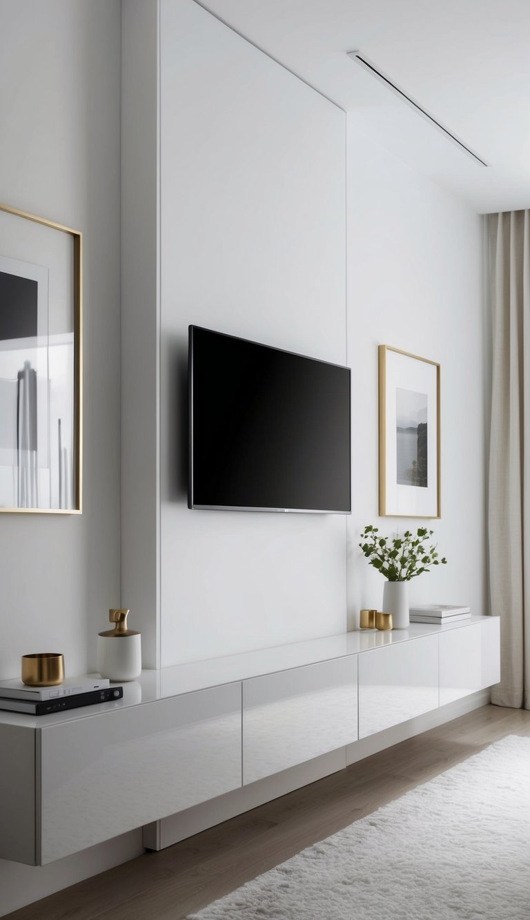 A sleek TV mounted on a white wall with minimalist frames and subtle accessories, creating a clean and elevated look