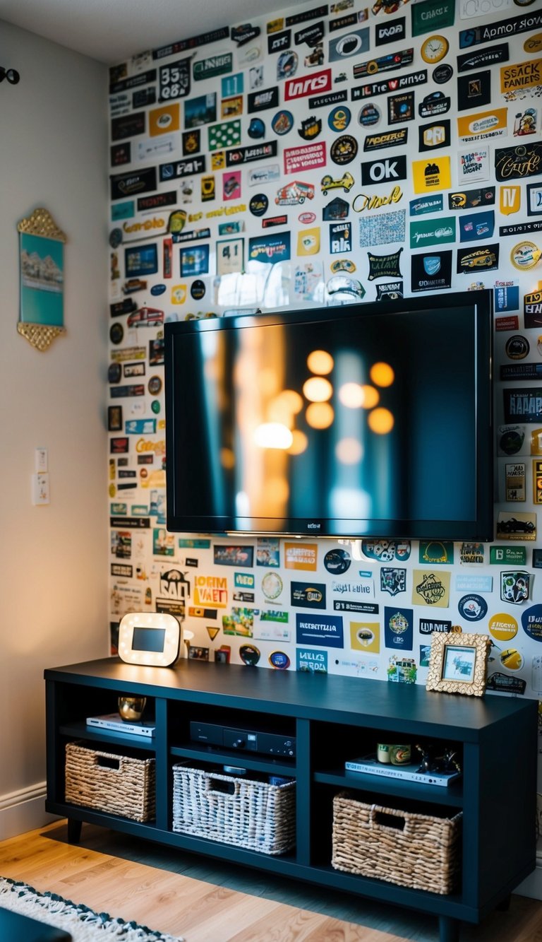 A TV wall adorned with quirky wall stickers and hidden accessories, adding instant charm and personality to the space