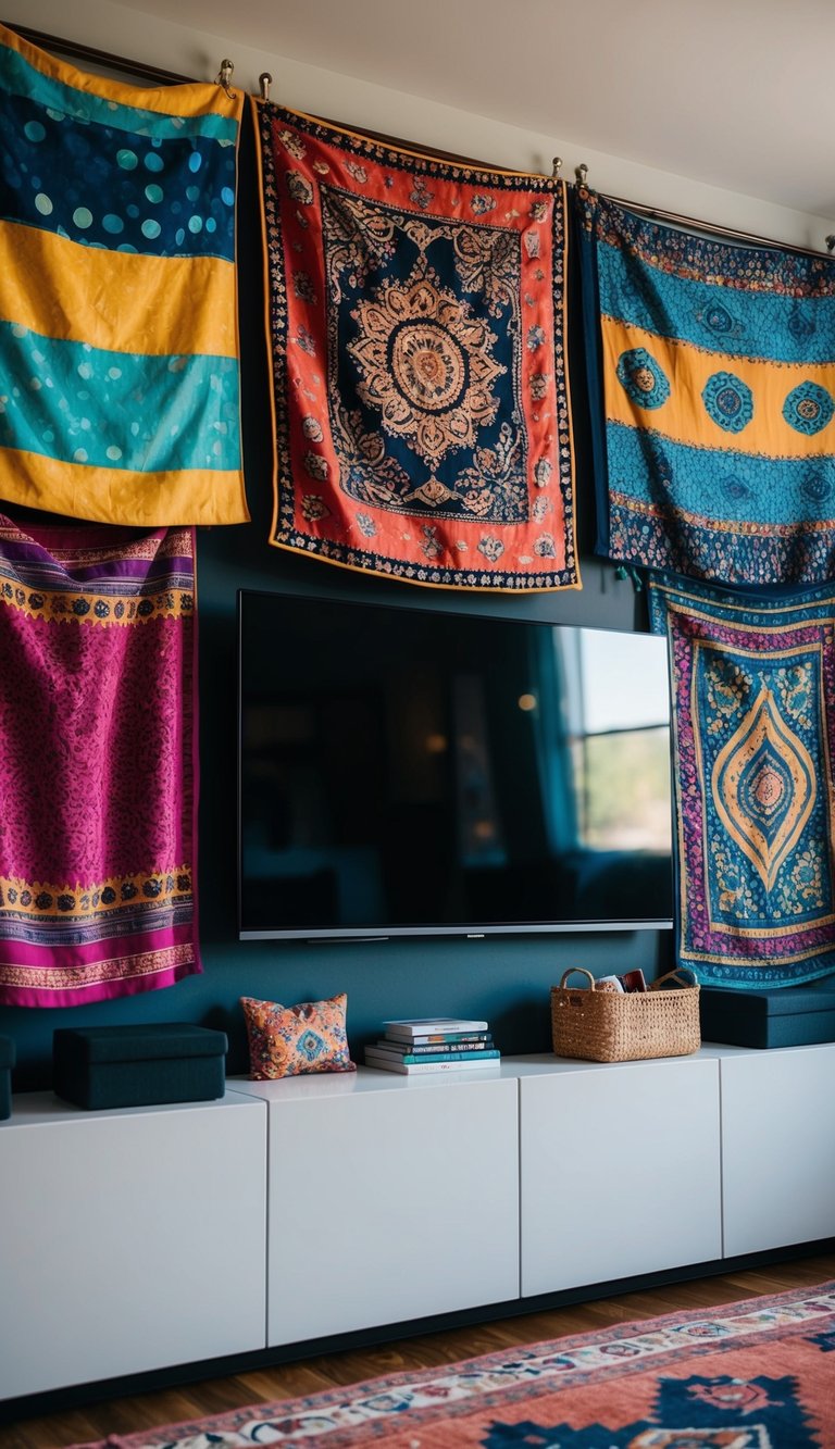A collection of vibrant tapestries and textiles hang on a TV wall, adorned with hidden compartments for storing accessories