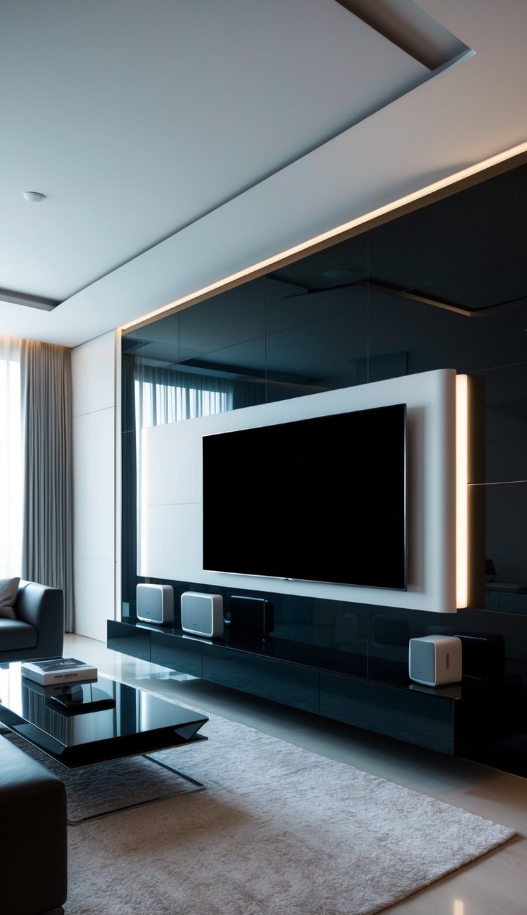 A sleek, modern living room with a large flat-screen TV mounted on the wall. Smart, high-tech accessories are seamlessly integrated into the design, creating a futuristic and stylish setup