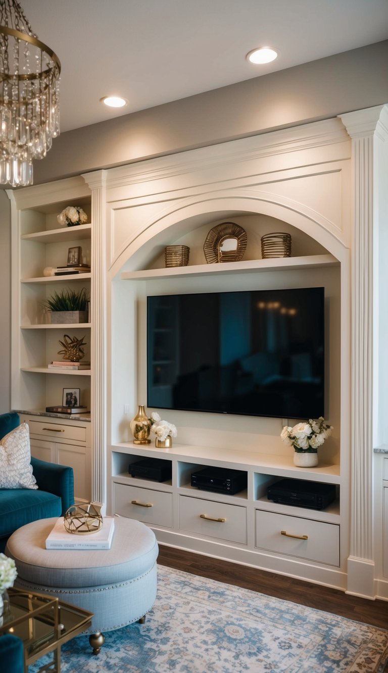 A snug TV wall niche adorned with elegant accessories, creating a cozy and elevated atmosphere