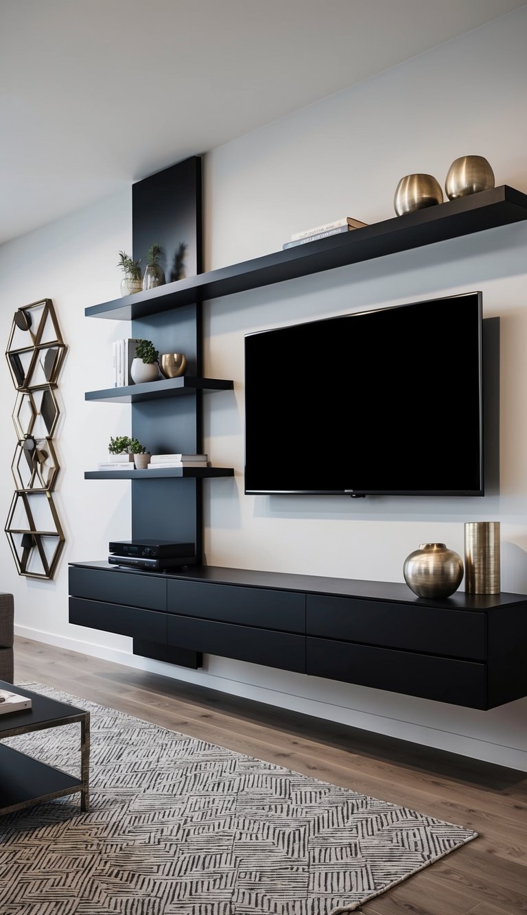 A sleek, modern TV wall adorned with floating shelves, geometric wall art, and metallic accents