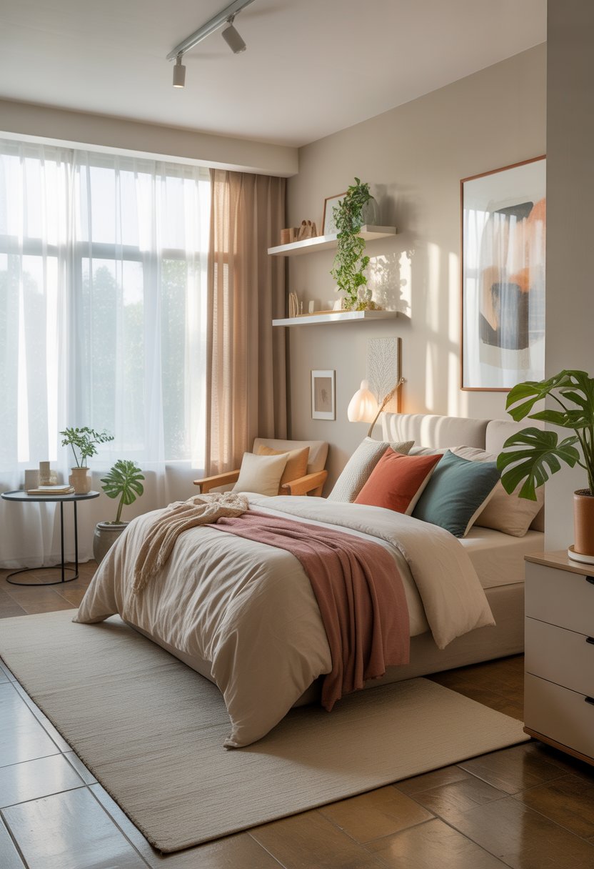 A bright, modern bedroom with a made bed, colorful pillows, a cozy armchair, plants, and natural light coming through large windows.