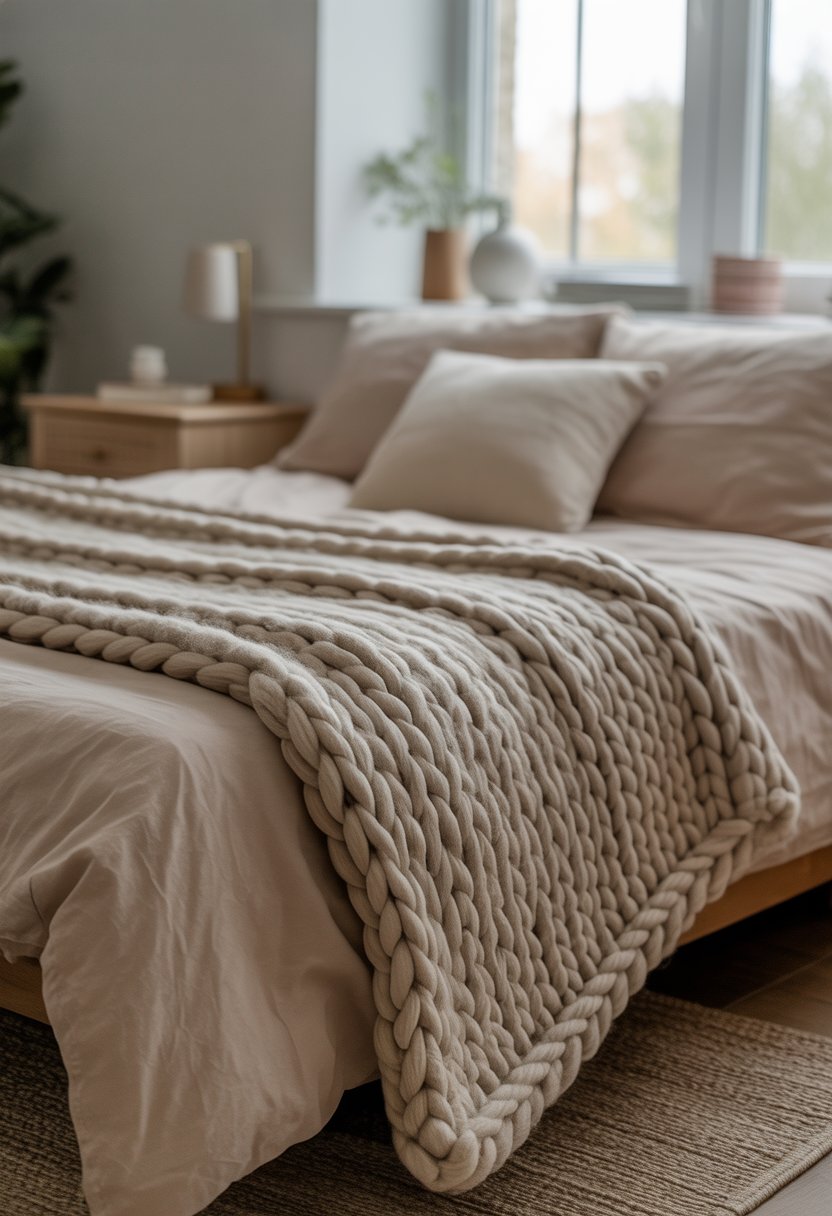 A neatly made bed with a chunky knit throw blanket draped over the edge in a softly lit bedroom.