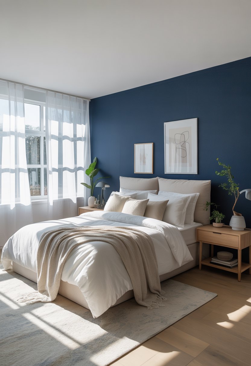 A bedroom with a deep navy blue accent wall, a neatly made bed, wooden nightstands, and natural light coming through a window.