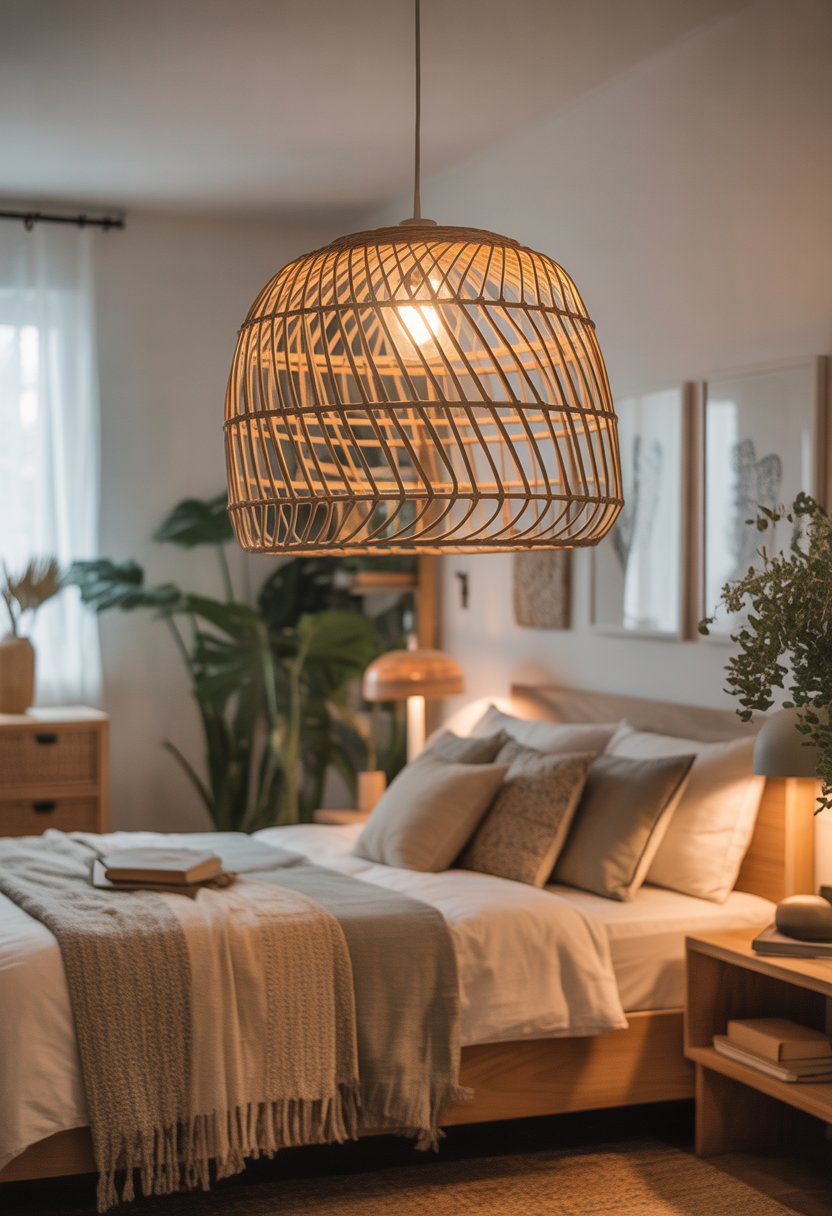 A bedroom with a hanging rattan pendant light, a made bed, plants, and wooden furniture.
